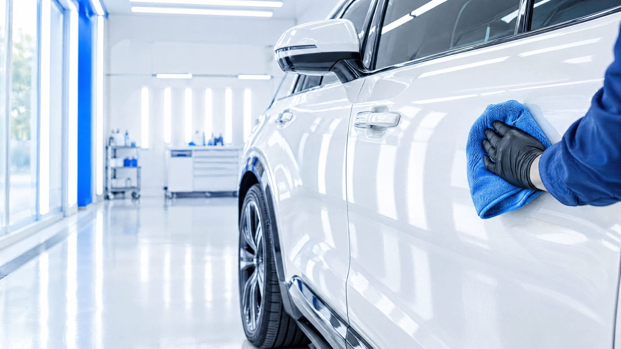 A technician wiping down the glossy door of a white SUV in a bright, clean workshop
