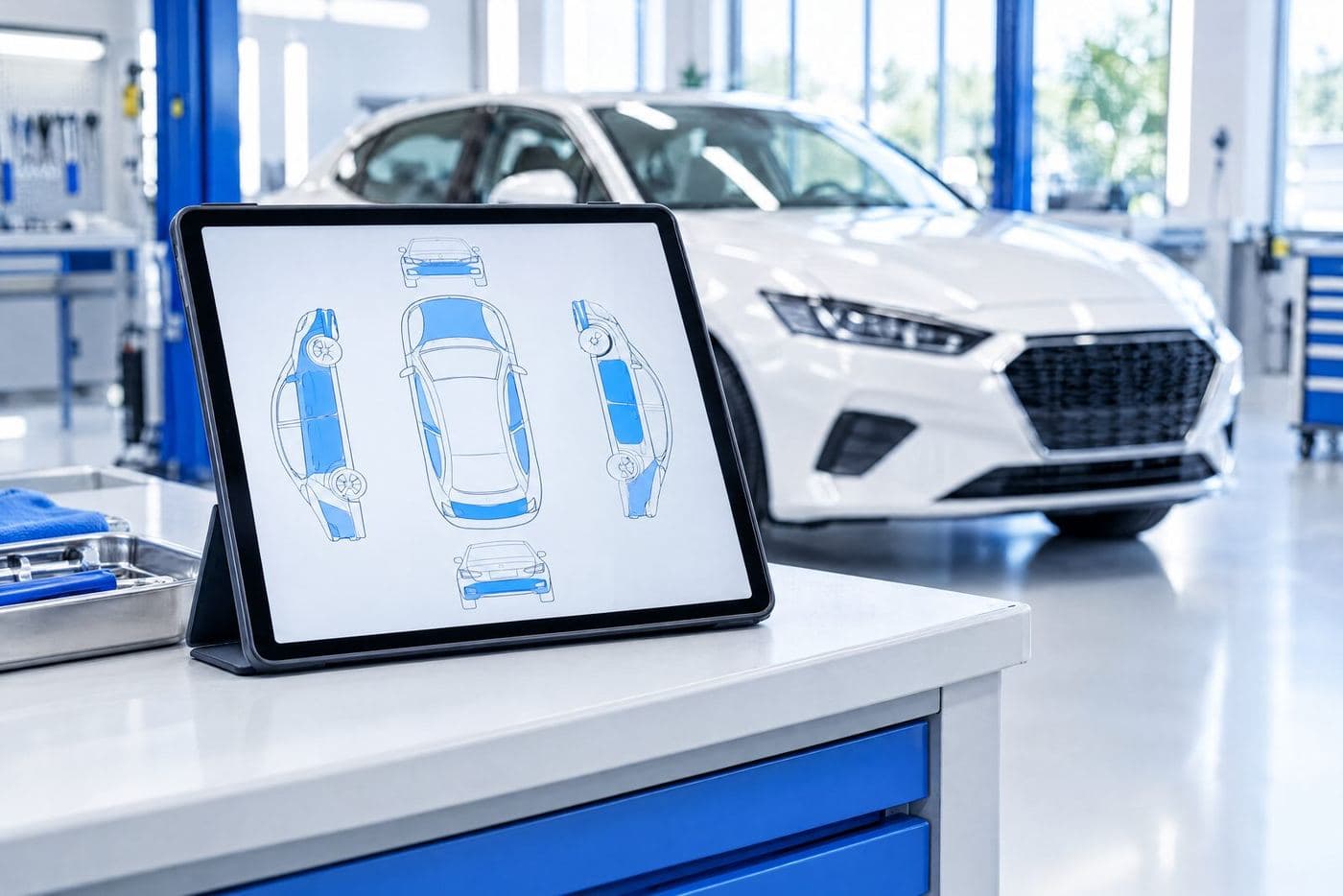 A tablet showing a car's panel map beside a white sedan in a workshop
