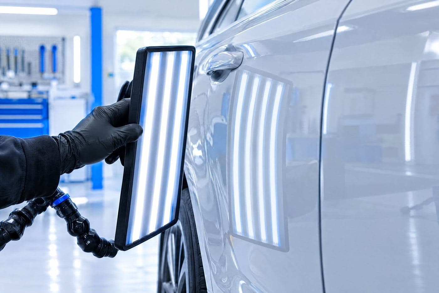 A technician reading a door panel under a striped dent-repair light