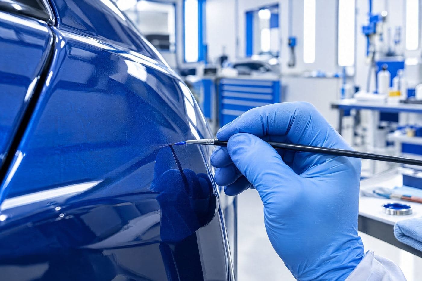A fine paint touch-up being applied to a scratch