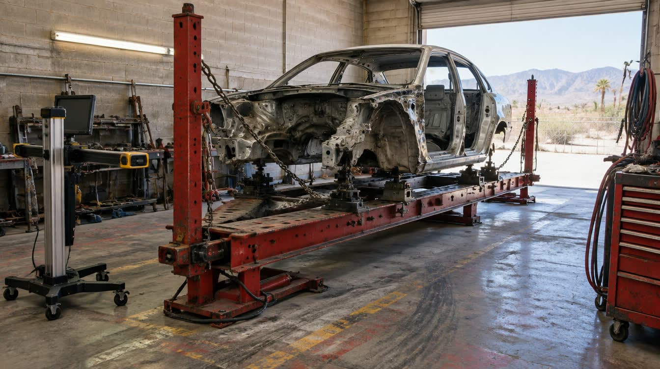 A car body clamped on a frame straightening bench
