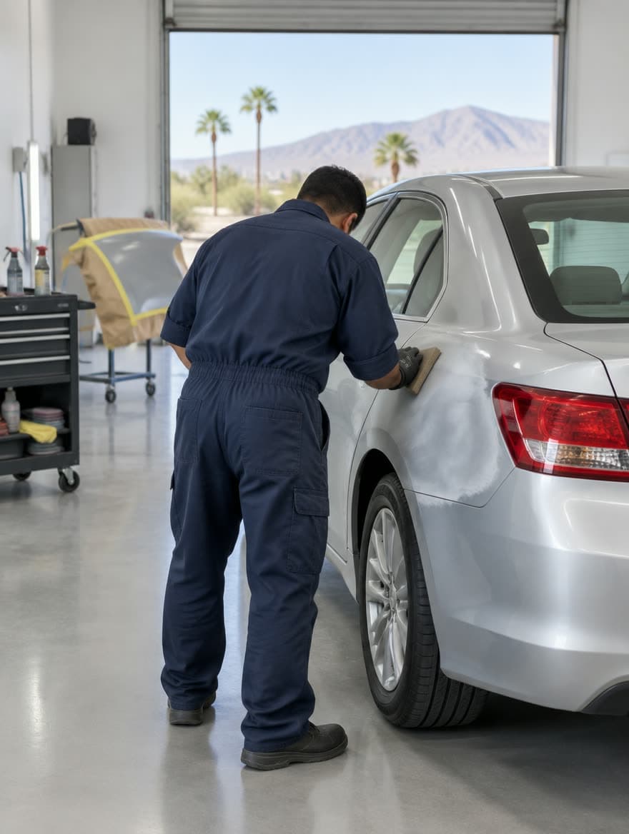A technician blocking down the rear quarter panel of a sedan in an open shop bay