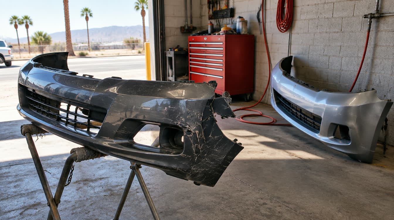 A cracked bumper cover removed from a car, beside its replacement