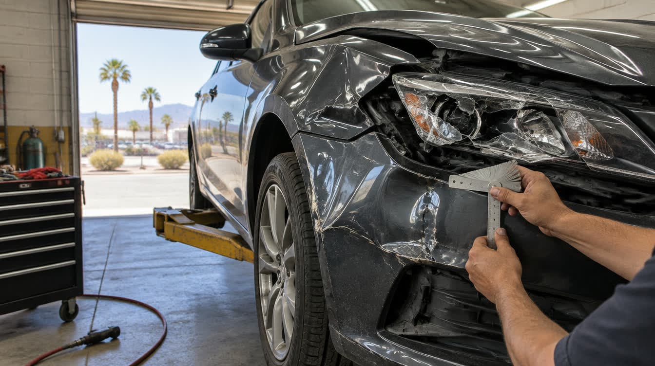 A damaged front quarter panel being measured with a panel gauge