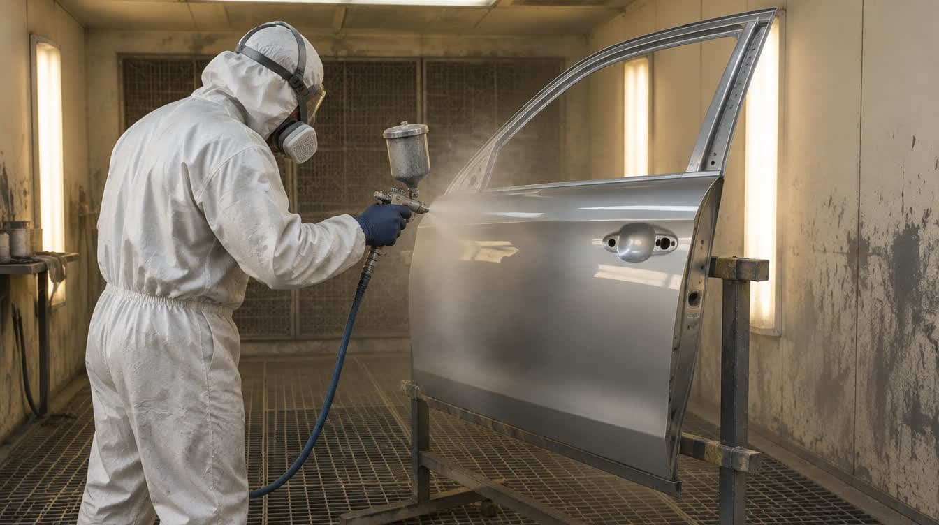 A door skin being sprayed in a downdraft paint booth